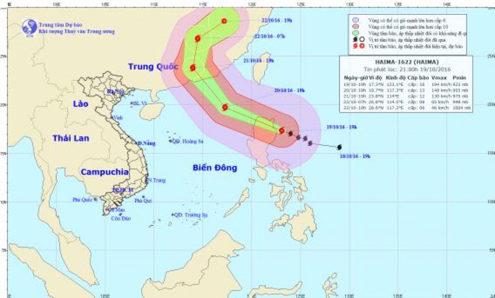 TIN PHÁT LÚC 21H NGÀY19/10/2016 TIN BÃO GẦN BIỂN ĐÔNG (SIÊU BÃO HAIMA)