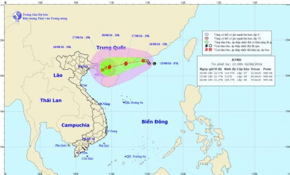 Công điện số 18/CĐ-TW hồi 06h30 ngày 16/8/2016 về ATNĐ trên biển Đông